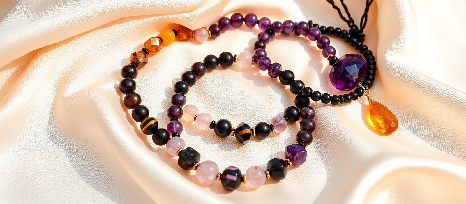 Healing crystal gemstone bracelets on silk